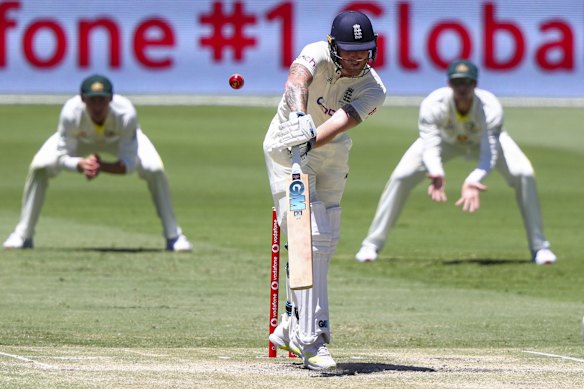 England's Ben Stokes bats during day four of the first Ashes cricket test at the Gabba in Brisbane, Australia, Saturday, Dec. 11, 2021. 