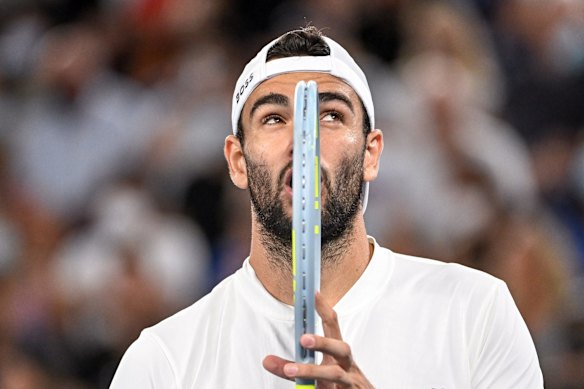 Matteo Berrettini searches for answers after losing the first two sets to Rafael Nadal 6-3, 6-2 in the semi-final of the Australian Open.