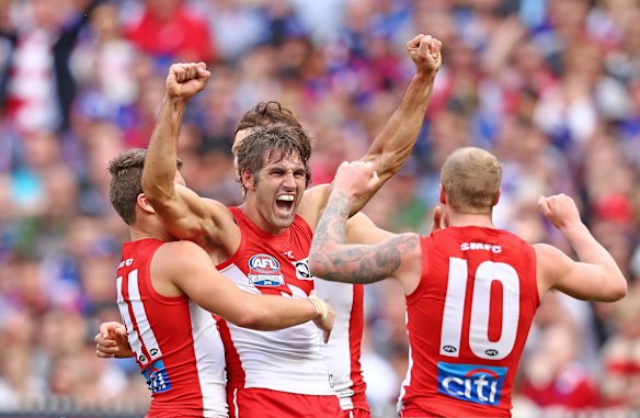  Josh Kennedy of the Swans celebrates after kicking a goal.