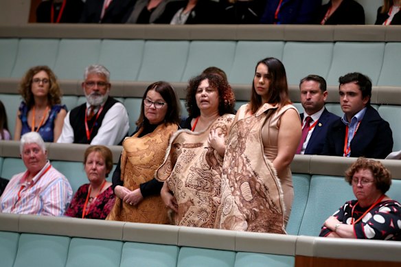 Linda Burney paused during her maiden speech to allow her friend to sing a welcoming song in the Wiradjuri language from the public gallery.
