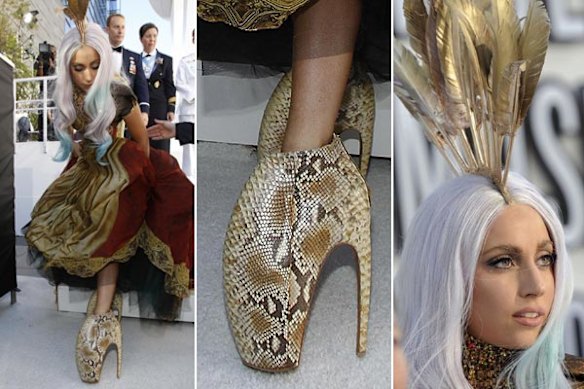 In full plume ... Lady Gaga shows off another wacky creation.