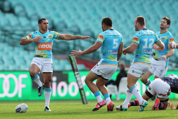 Jamal Fogarty celebrates a try against the Roosters.