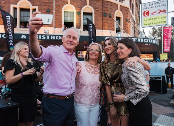 Prime Minister Malcolm Turnbull, wife Lucy Turnbull and NSW NSW Premier Gladys Berejiklian at the 2018 Sydney Gay and Lesbian Mardi Gras. March 3, 2018.