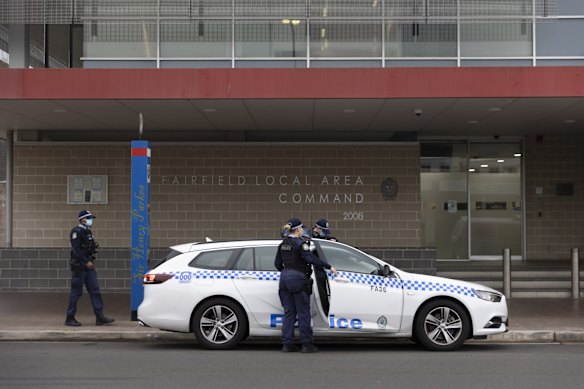 Police depart the Fairfield police station early on the 09 July, 2021.
