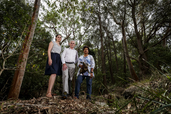 Melissa Derwent, Peter Mahoney and Melina Amerasinghe are residents opposed to the rezoning of the former Oatley Bowling Club for seniors housing.