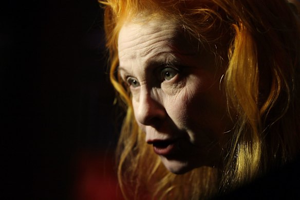 British designer Vivienne Westwood speaks to media ahead of her catwalk show at London Fashion Week, in west London, Saturday, Feb. 21, 2009. 