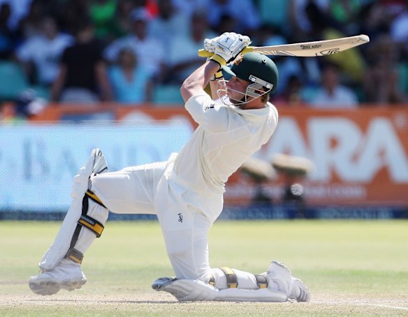Phillip Hughes hits out en route to becoming just the third Australian behind Jack Moroney and Ricky Ponting to score a century in each innings of Test in South Africa. David Warner joined the list in 2014.