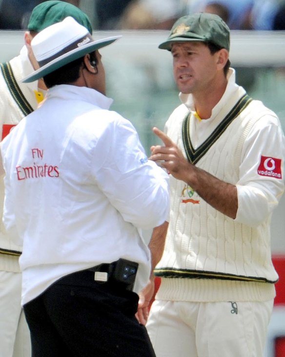 Ponting arguing with umpire Aleem Dar (left) after an unfavourable umpiring decision on the second day of the fourth Ashes cricket Test match in Melbourne on December 27, 2010.