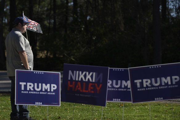 A supporter of Republican presidential candidate and former president, Donald Trump, outside a campaign event for Republican candidate and former UN ambassador Nikki Haley in Conway, South Carolina.