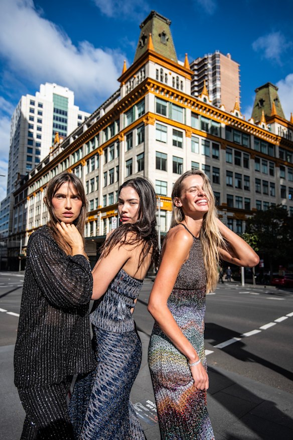 Models Gabby Dover, Lilly Sky and Evelyn Rose pose outside the former Mark Foy’s City Piazza building, now the Downing Centre. They are wearing Missoni outfits available on the new Mark Foy’s e-store. 