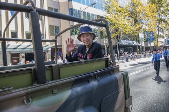 Barbara Coward, 96 year old. Driver in the Airforce 1941 to 1945. Anzac Day March, Sydney, 2019.