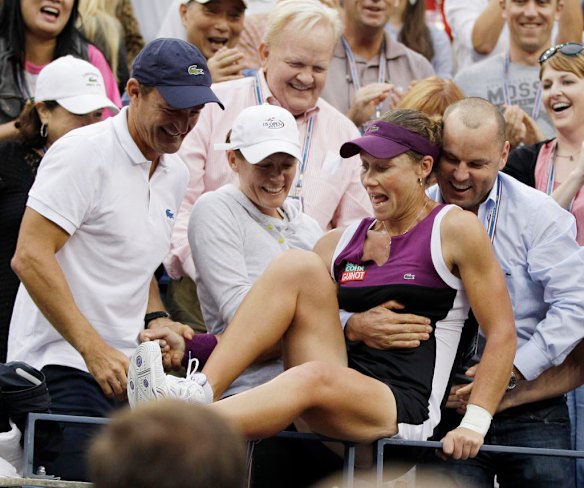Samantha Stosur of Australia reacts with her supporters after winning the women's championship match against Serena Williams at the US Open.