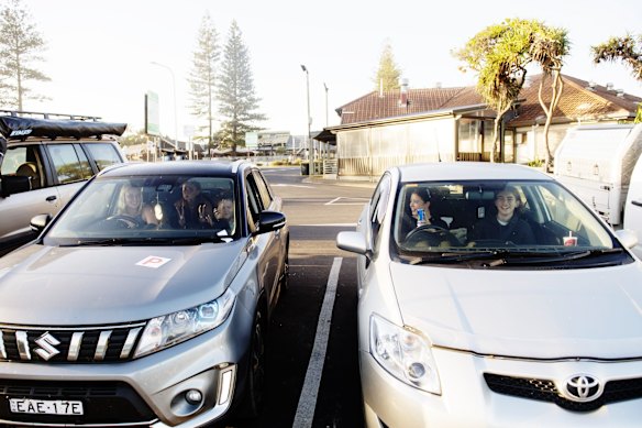 Schoolies Sunny Starr, Liana Nesbit, Lauren McDougall, Mia Stewart and Dylan West from The Entrance High School, Central Coast drove through the night and arrived in Byron Bay 4.30am on Saturday.