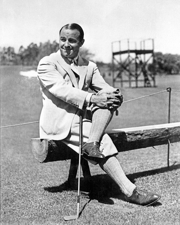 Gene Sarazen sits on a bench  during the 1935 Masters. 