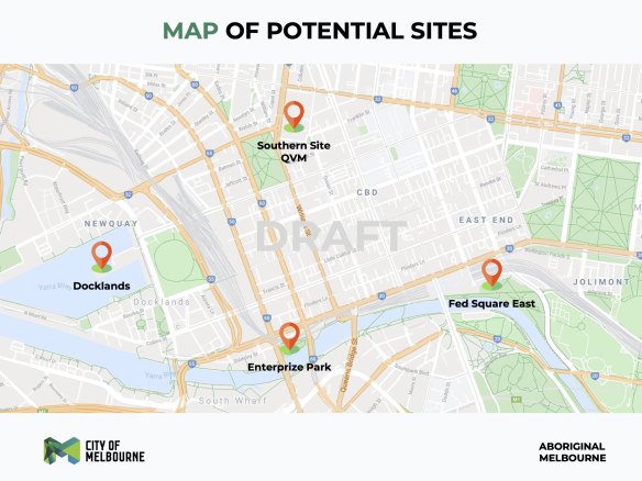 The locations proposed by City of Melbourne for a First Nations Cultural Precinct.