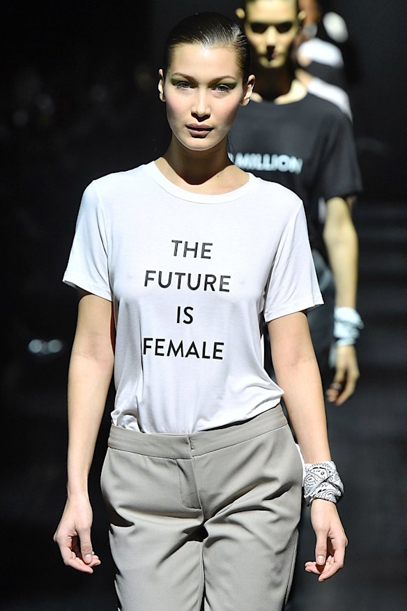Bella Hadid led the charge at Prabal Gurung's show, wearing the declaration Hillary Clinton proudly said last week, 'the future is female.' Gurung concluded with a powerful rendition of 'Imagine' while each model wore a politically-charge t-shirt paired with other pieces from the collection. Shirt after short came down the runway with simple but strong messages including “I am a Malala” and “I am a Michelle” to "Break down walls" and “Revolution has no borders.”
