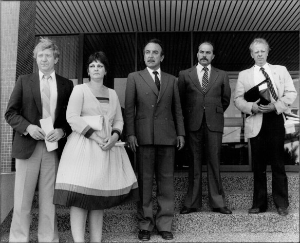 Five of the Aldermen from left: Barry Jones, Margaret Newman, Jack Passaris, Ken Brennan and Grahame Watson announce their decision on December 13, 1982. 
