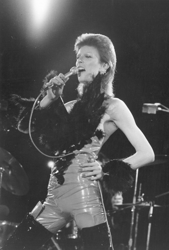 David Bowie performing in his 'Angel of Death' costume at a live recording for a Midnight Special TV show made at The Marquee Club in London to a specially invited audience of Bowie fanclub members in 1973. 
