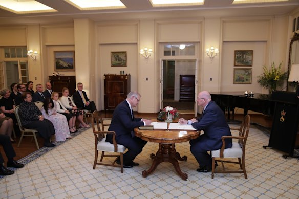 Scott Morrison is sworn-in as Prime Minister by Governor-General Sir Peter Cosgrove at Government House in Canberra.