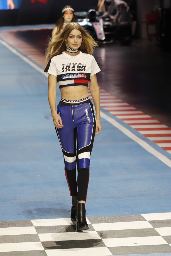 Final lap ... Gigi Hadid opens the Tommy Hilfiger show in Milan.