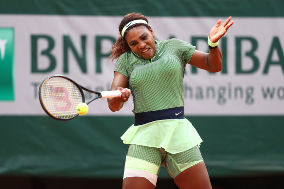 Serena Williams competes at the French Open 2021.