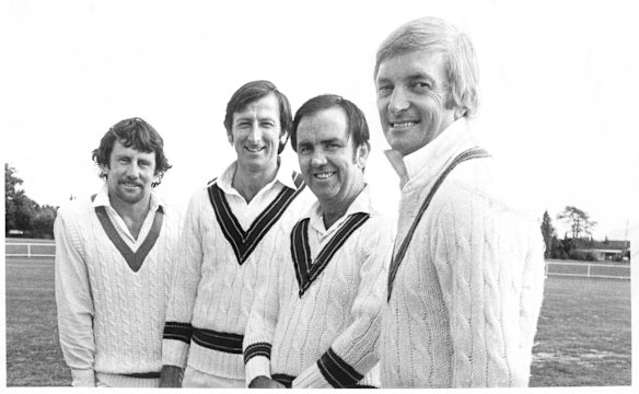 The elder statesman: Benaud gives a cheeky grin with (from left) Ian Chappell, Bill Lawry and Bob Simpson.