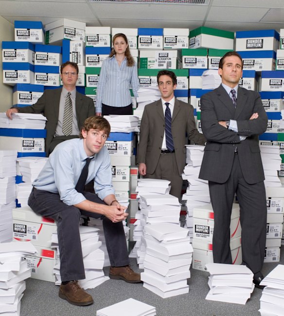 The cast of the US version of The Office (from left):  John Krasinski as Jim Halpert, Rainn Wilson as Dwight Schrute, Jenna Fischer as Pam Beesly, B.J. Novak as Ryan Howard, Steve Carell as Michael Scott.  