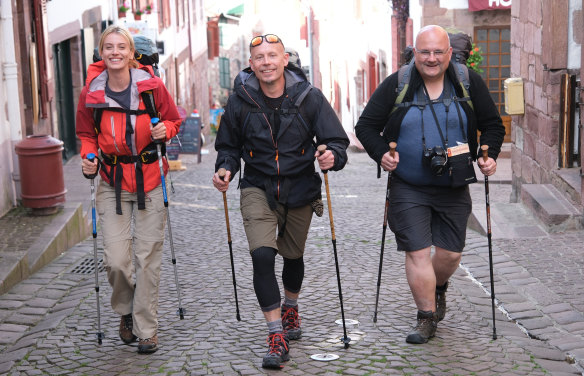 Actor Laura Lakshmi and pilgrims Balazs Orban and Laszlo Vas, starring in The Way, My Way.