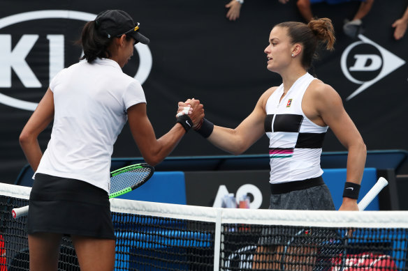 Maria Sakkari (right) was too strong for Australian Astra Sharma.