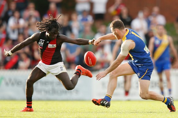 McDonald-Tipungwuti and Williamstown's Ed Carr compete for the ball during a VFL Preliminary Final match.