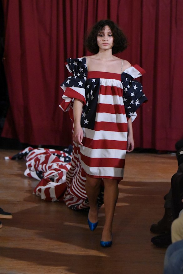 The American flag outfit by Vaquera brought some ironic political commentary to their runways with one of the designers telling NY Cut, "Under Obama, it would have been really bizarre for us to make this dress and have a flag dragging on the floor, but I think now under Trump, the American flag's [connotation] is... different,