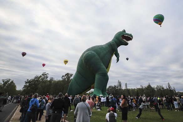 The t-rex dinosaur balloon inflating on the front lawn of Old Parliament House for the Canberra Balloon Spectacular festival.