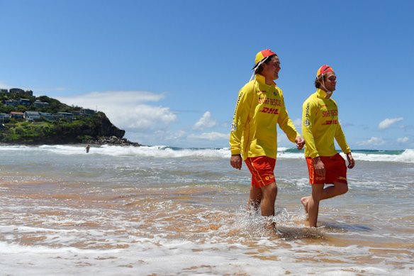 Lifeguards Sydney Robertson and Jack Bregenjoj (left) at Whale Beach in Sydney. Northern beaches are preparing for an influx of visitors when lockdown ends.