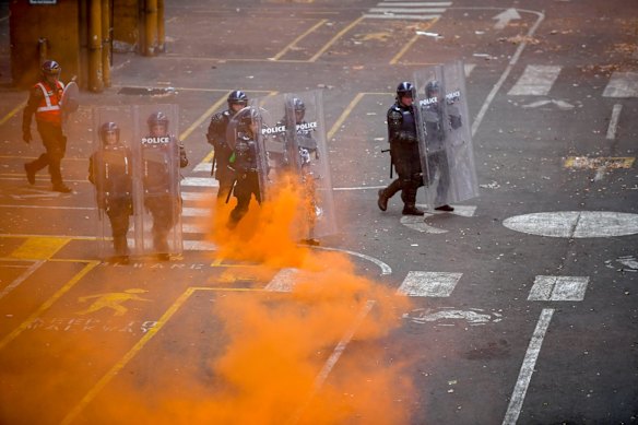 Training demonstration with the Public Order Response Team, Victoria Police in Melbourne.