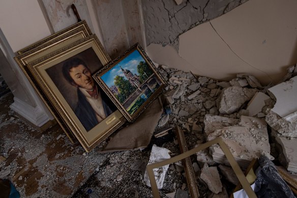 Paintings are seen salvaged from the debris at the destroyed Kharkiv Regional State Administration building in Kharkiv. 