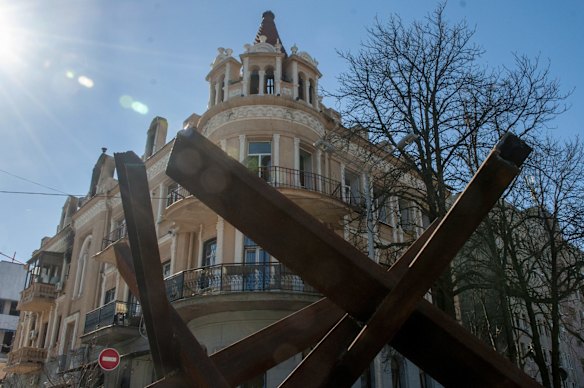 Anti-tank crosses are seen in a street in Kharkiv, Ukraine.