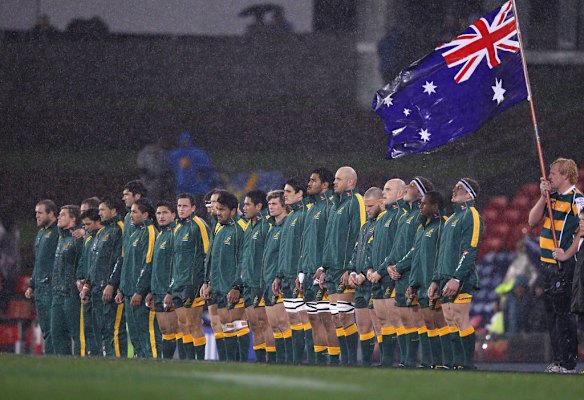 Australia lines up for the national anthem during the International Test match between the Australian Wallabies and Scotland at Hunter Stadium on June 5, 2012 in Newcastle, Australia.