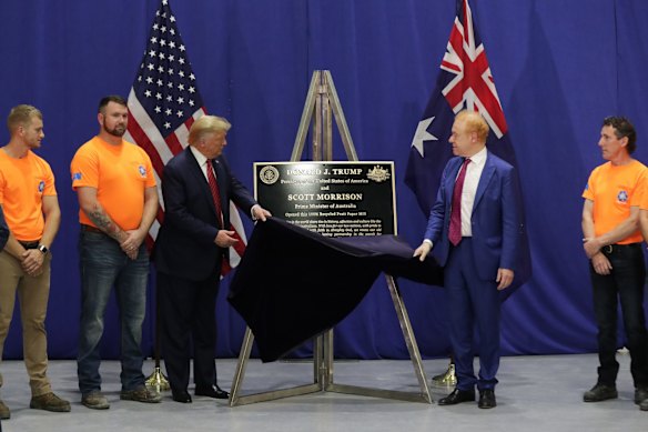 President of the United States Donald Trump and businessman Anthony Pratt during the official opening of businessman Anthony Pratt's Pratt Industries Wapakoneta recycling and paper plant in Wapakoneta, Ohio.