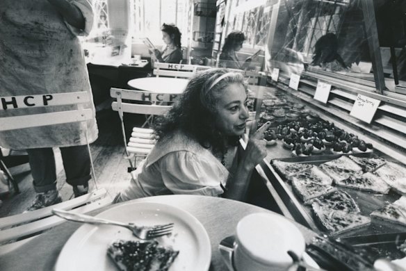 Mirka Mora, 1991: French-born Australian visual artist Mirka Mora trying to decide what cake to sample at Harley Court Pastry, Ackland Street, St Kilda.