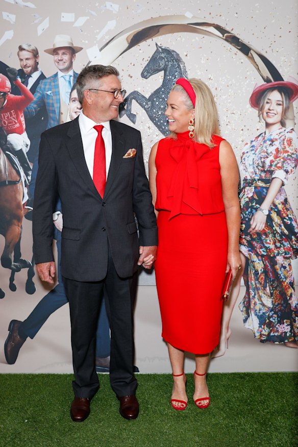 Samantha Armytage and her husband Richard Lavender attend Golden Eagle Day at Rosehill Gardens on October 31, 2020.