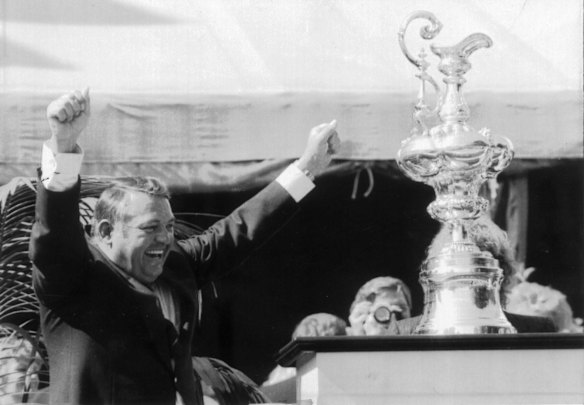 Alan Bond shows his emotion on September 27, 1983 when the America's Cup was presented to Australia after their win over Liberty. The cup was made in 1851 and had been held by the New York Yacht Club since the yacht America won it sailing off England in 1851.