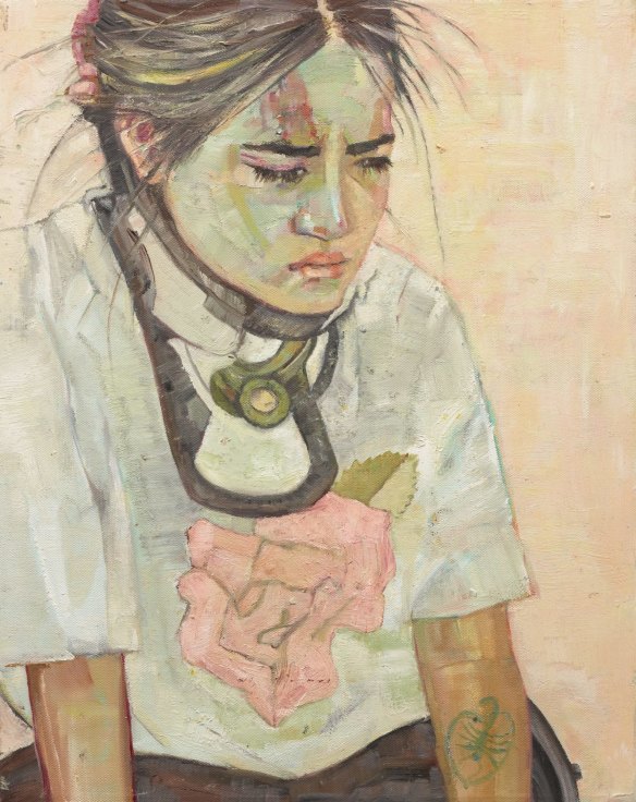 Pat Hoffie, 'Visaya in a c-collar'. Oil on canvas, 51 x 40.5 cm. © the artist. Sitter: Visaya Hoffie.