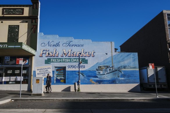 A delivery truck arrives at the North Terrace Fish Market in Bankstown.