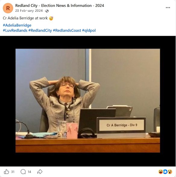 The Facebook page posted a photo where it appears Berridge was asleep. Photos are not allowed to be taken in Redlands’ council chambers. 
