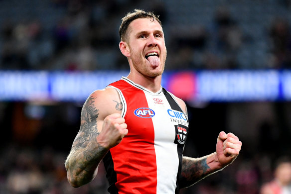 The Saints’ Tim Membrey celebrates kicking a goal.