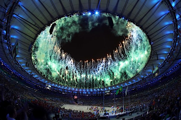 Fireworks explode at the 'Heroes of the Games' segment during the Closing Ceremony on Day 16 of the Rio 2016 Olympic Games.