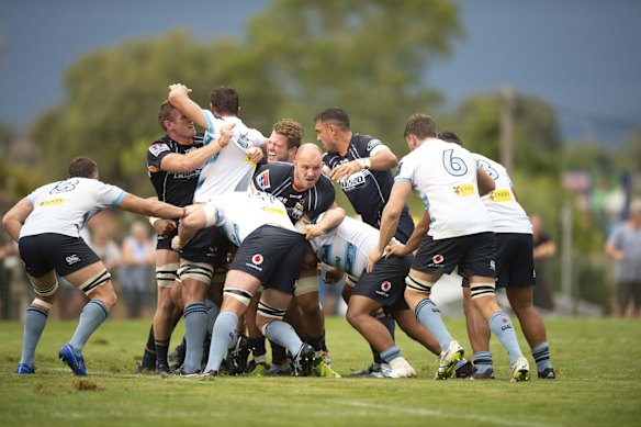 The Brumbies' Lachlan McCaffrey controls a rolling maul during a trial match against the Waratahs in Goulburn. 