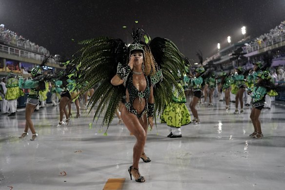 Drum queen Quiteria Chagas from the Imperio Serrano samba school performs during Carnival celebrations at the Sambadrome in Rio de Janeiro.