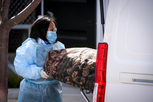 A body is removed from Epping Gardens Aged Care last year.