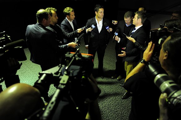 The Hayne Plane: Jarryd Hayne is interviewed by the media at the announcement of his switch to the NFL.
